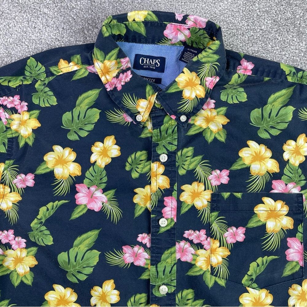 Chaps XL Hawaiian Shirt Floral Hibiscus Tropical Button Down Stretch Summer